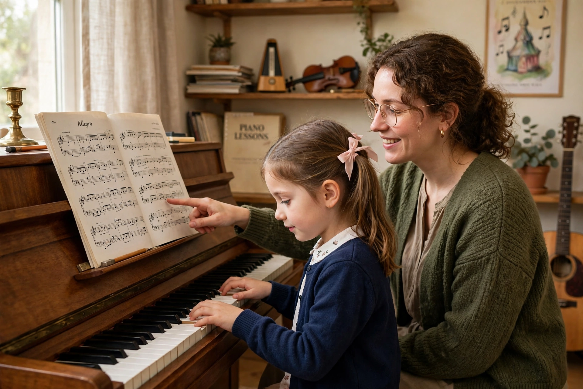 A young girl playing piano in a music room while her teacher sits beside her, pointing at the sheet music